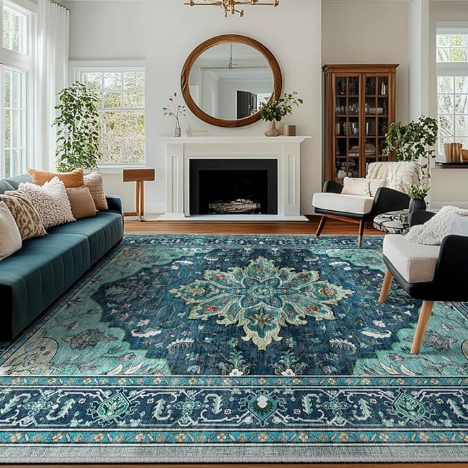 Area Rugs 8'x10' Washable Non-Slip, Floral Vintage Distress Print Pattern by RELEANY