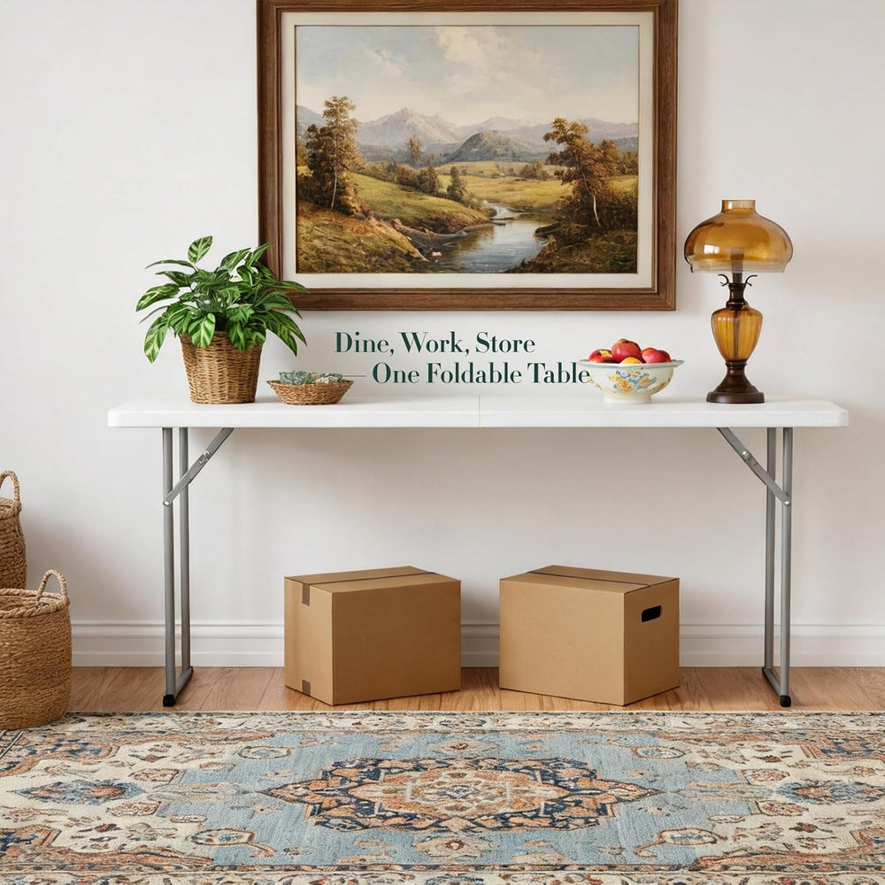 6 ft Narrow Folding Table, Tabletop Fold-in-Half with Handle & Safety Locks