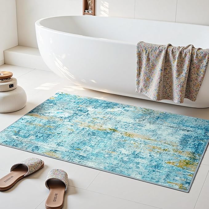 Entrance Rugs Indoor 2x3 Teal Blue Entry Rug Washable Abstract Small Area Rug - Image 4