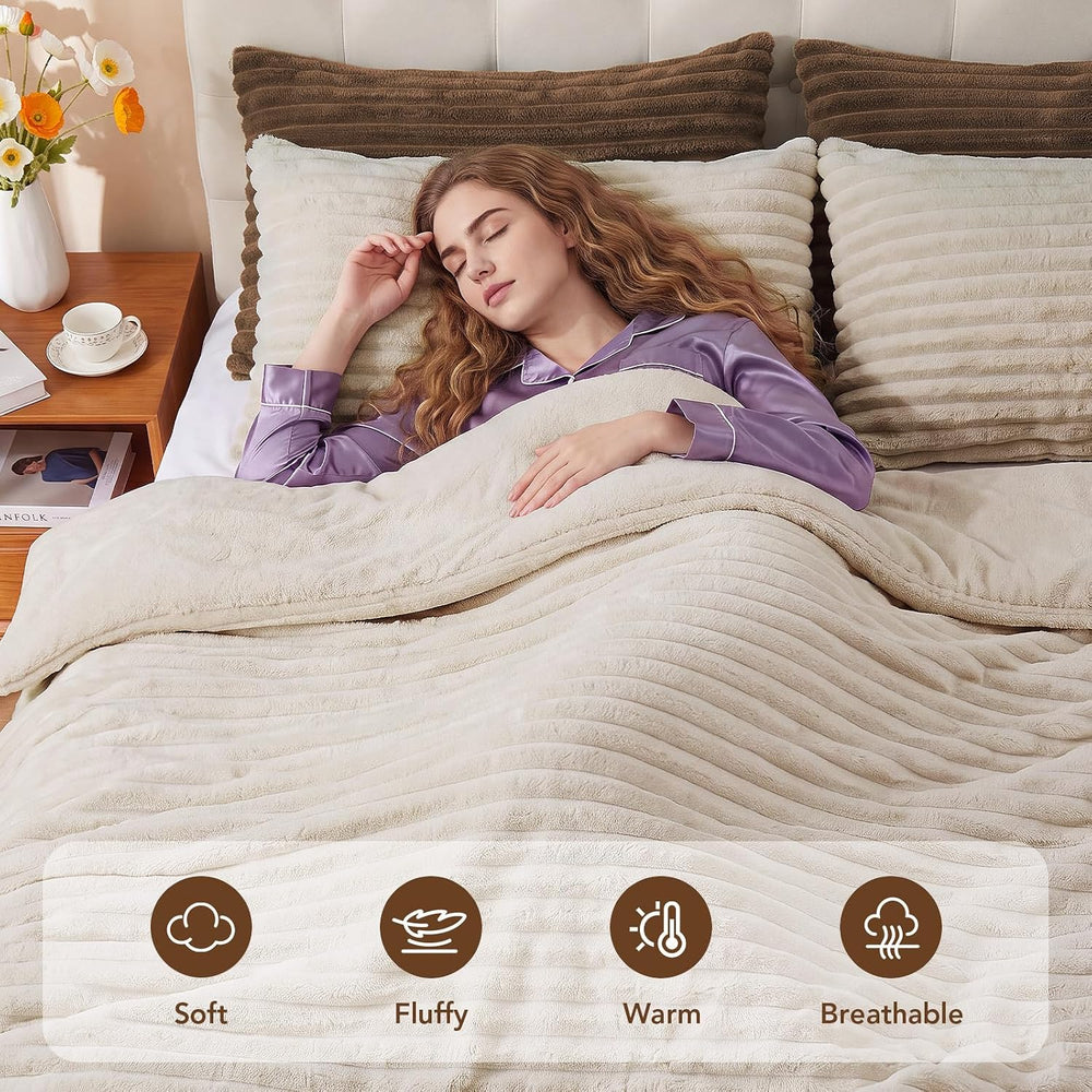 HYLEORY Fluffy Queen Comforter Set 3 Pieces - Fleece Fluffy Soft & Warm P...