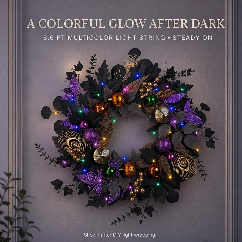 22-Inch Black and Purple Halloween Wreath for Front Door with Light String