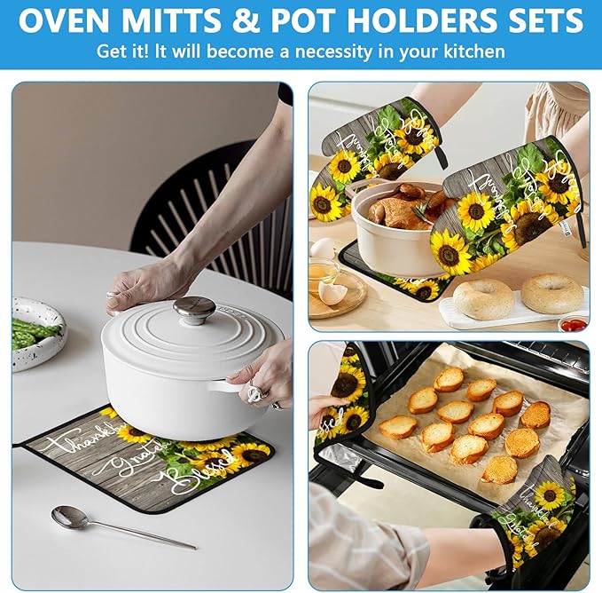 Sunflower Wood Grain Oven Mitts and Pot Holders Sets Heat Resistant 4Pcs - Image 6
