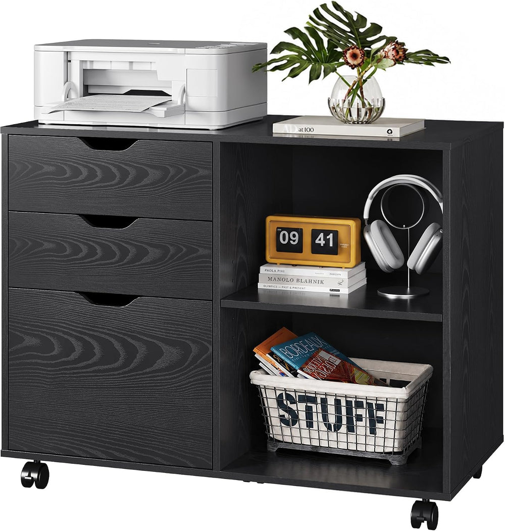 DEVAISE 3 Drawer Wood File Cabinet, Rolling Filing Cabinet with Open Storage ...