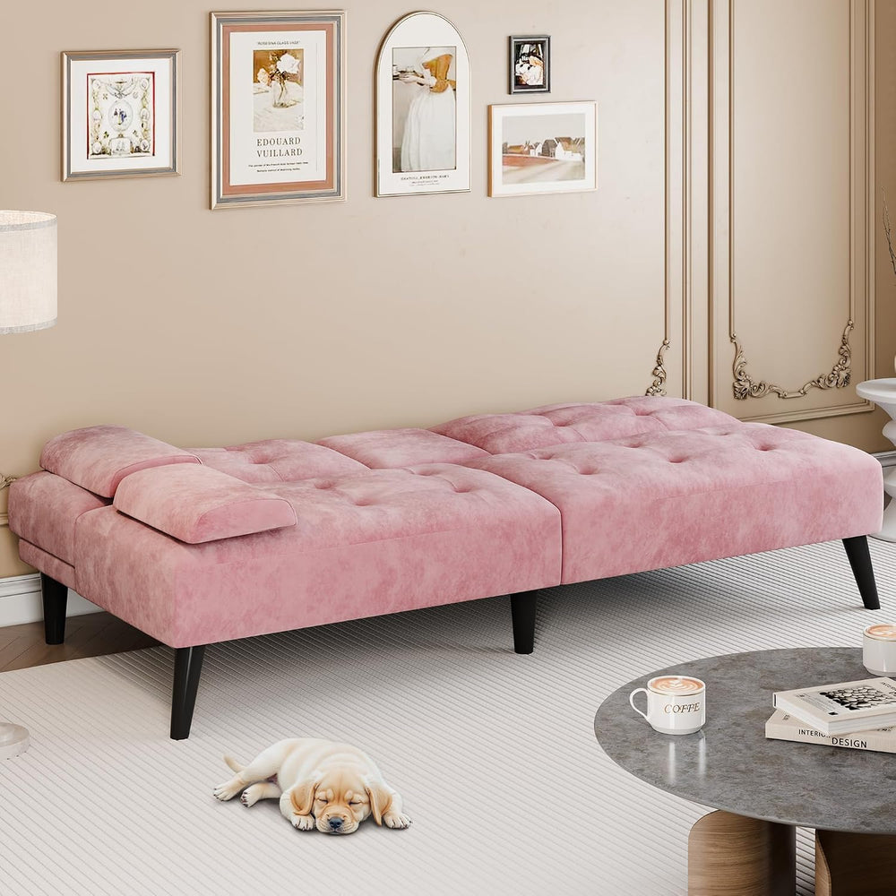 Futon Sofa Bed, 64 in Small Couch with Cup Holders, Pink