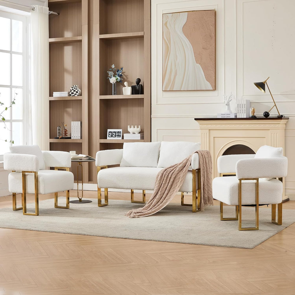 Loveseat Sofa and 2 Modern Accent Chairs no Wheels, Living Room Side Chairs w...