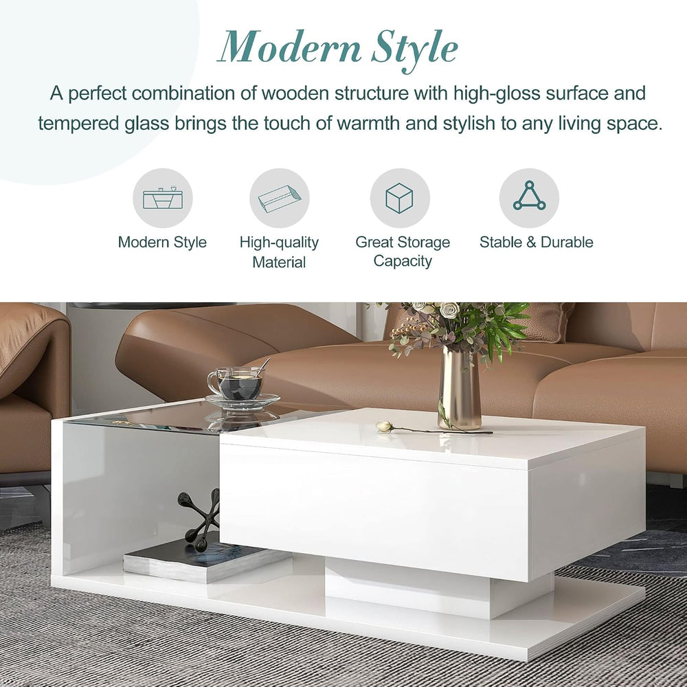 Modern Coffee Table with Tempered Glass, Wooden Cocktail Table with High-Glos...