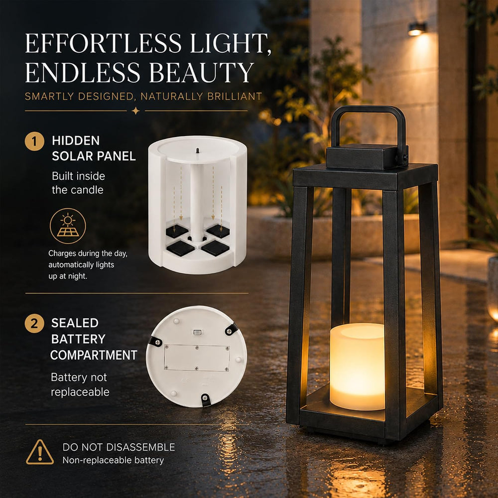 H16 Modern Outdoor Solar Lantern Black Metal Frame with Flickering LED Candle...