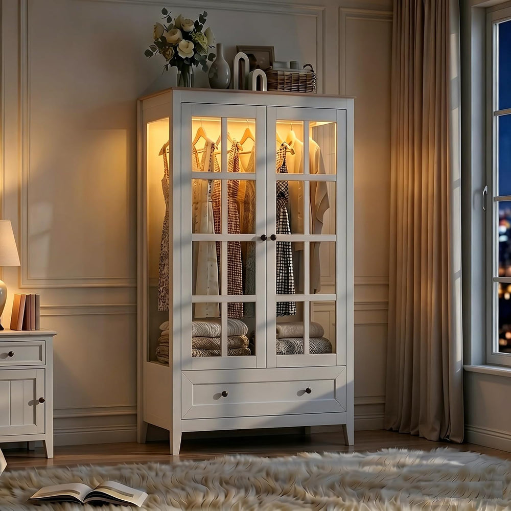 Gyfimoie Armoire Wardrobe Closet with LED Lights, 55'' Modern Clothin...