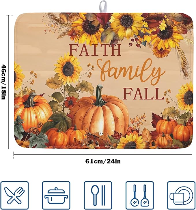 Fall Pumpkin Sunflower Dish Drying Mat 18”x24” Faith Family Fall Drying Mat - Image 2