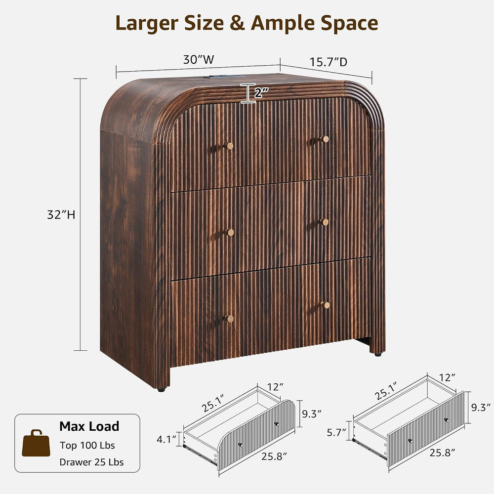 T4TREAM 32" Modern Fluted 3 Drawers Dresser for Bedroom, Dark Walnut