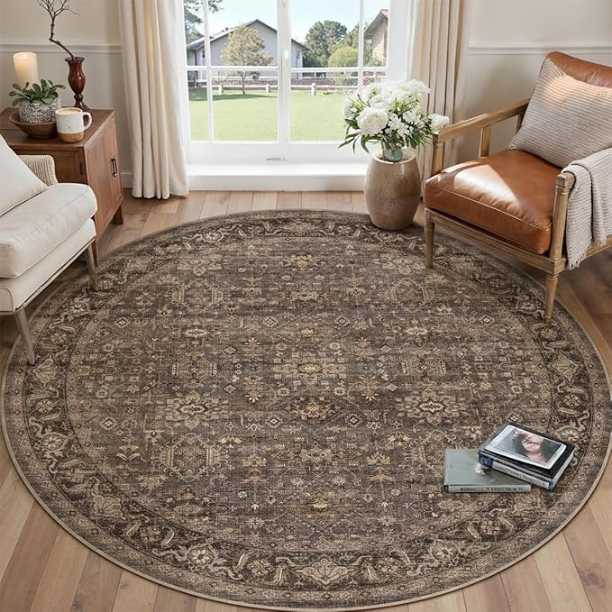 5x5 Washable Round Rug for Living Room Bedroom Vintage Brown Soft Low Pile - Image 2
