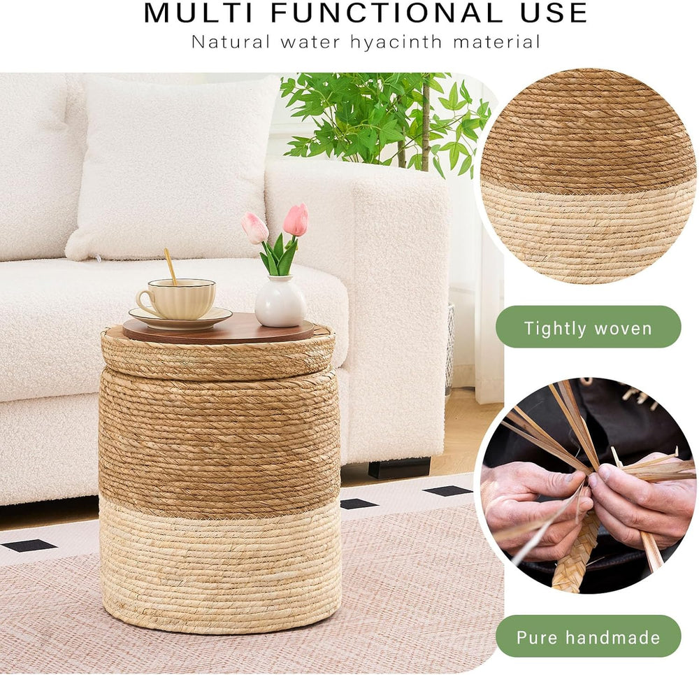Round Storage Pouf Ottoman Hand Weaving Natural Boho Straw Footstool Pouffe