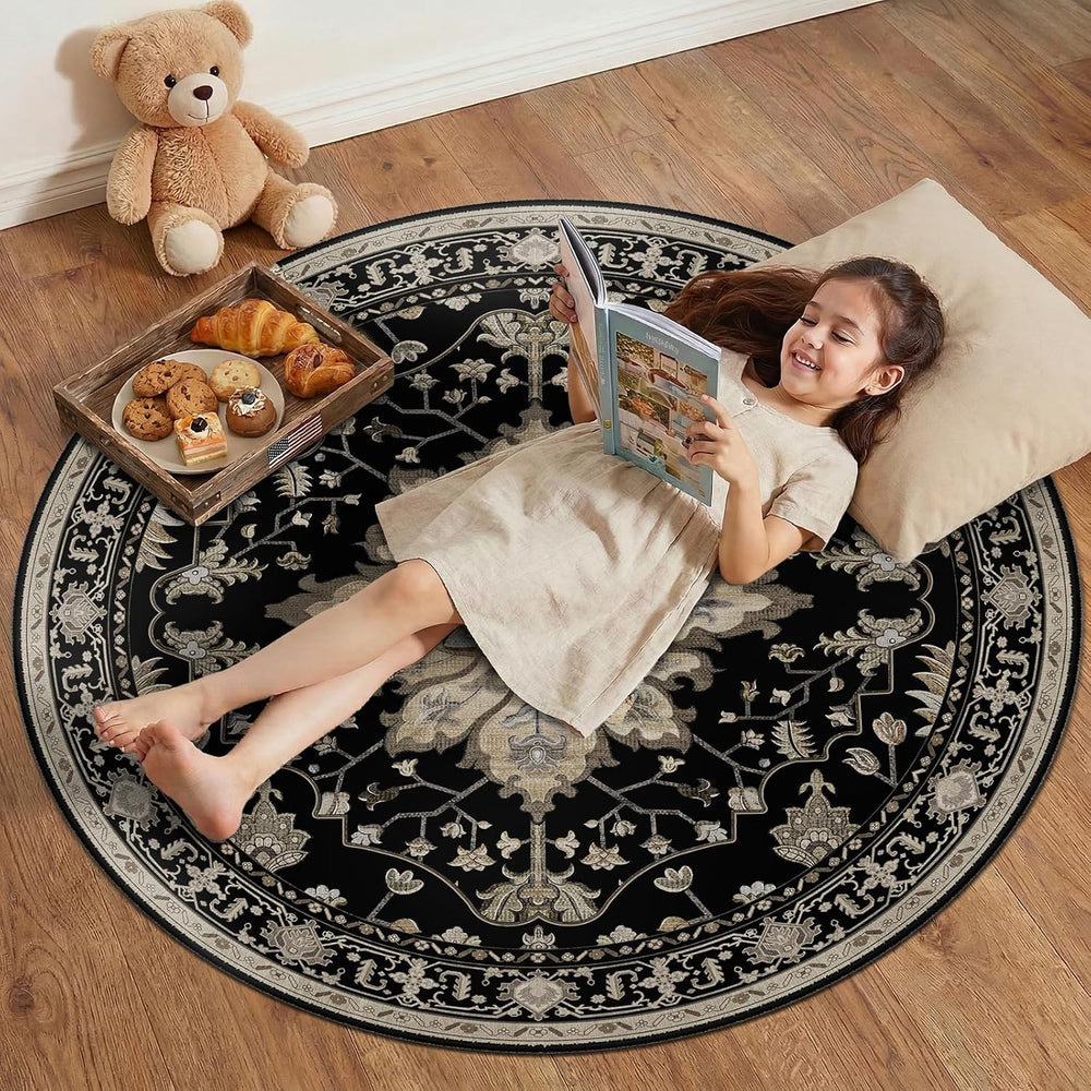 Area Rugs 4ft Washable Non-Slip, Floral Vintage Distress Print Pattern