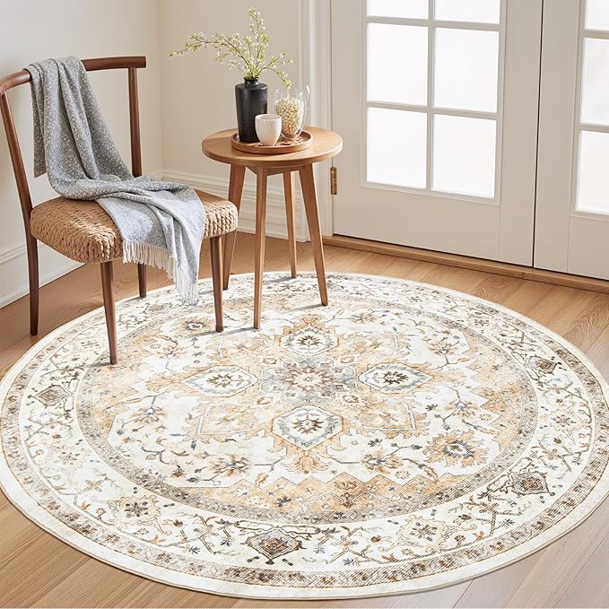 AMADA HOMEFURNISHING Round 5ft Area Rugs, Low-Profile Washable Rug by AMADAHOMEFURNISHING