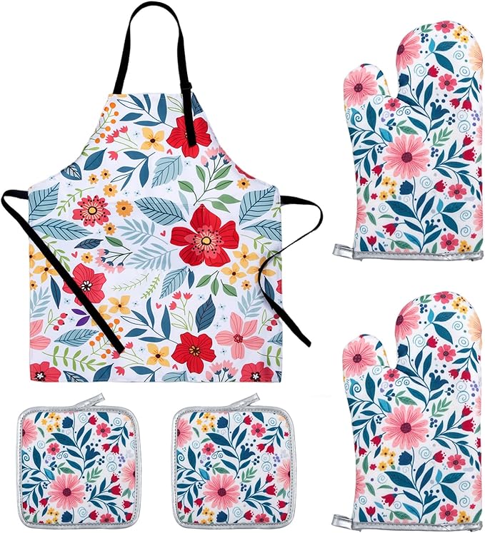 Floral Apron and Oven Mitt Set 5 Piece, Pioneer Woman Style Kitchen Aprons by QEES