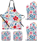Floral Apron and Oven Mitt Set 5 Piece, Pioneer Woman Style Kitchen Aprons by QEES