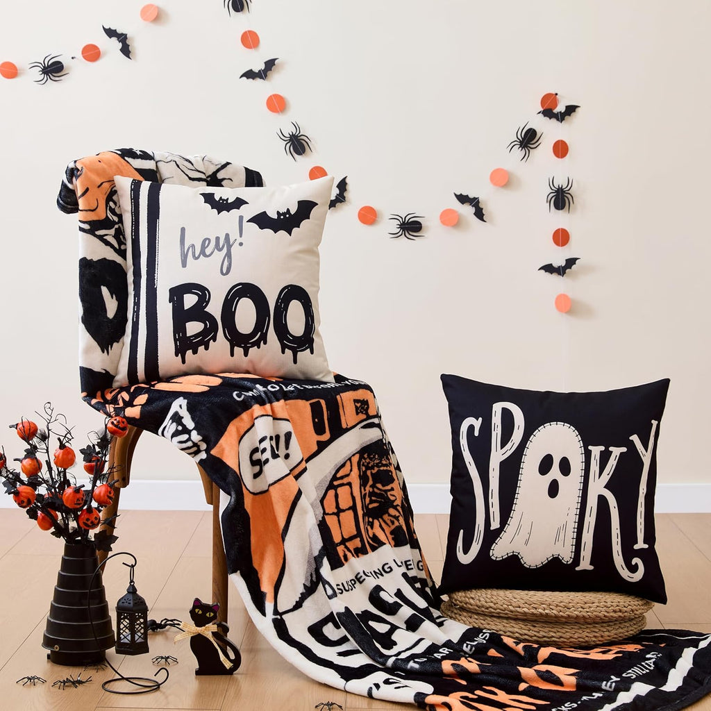 Halloween Decor Pillow Covers 20x20 Inch,Set of 4 Halloween Decorations Outdoor Indoor Throw Pillow Covers, Hey Boo Cute Spooky Ghost Black Striped Linen Cushion Case for Home Sofa Couch Bed Chair