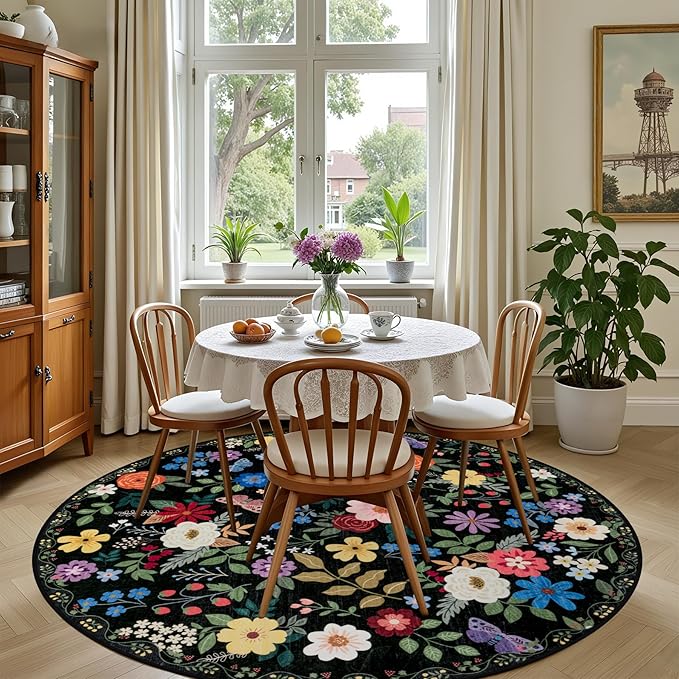 Round Area Rug for Living Room: 6 ft Floral Washable Circle Rug Soft Boho - Image 4