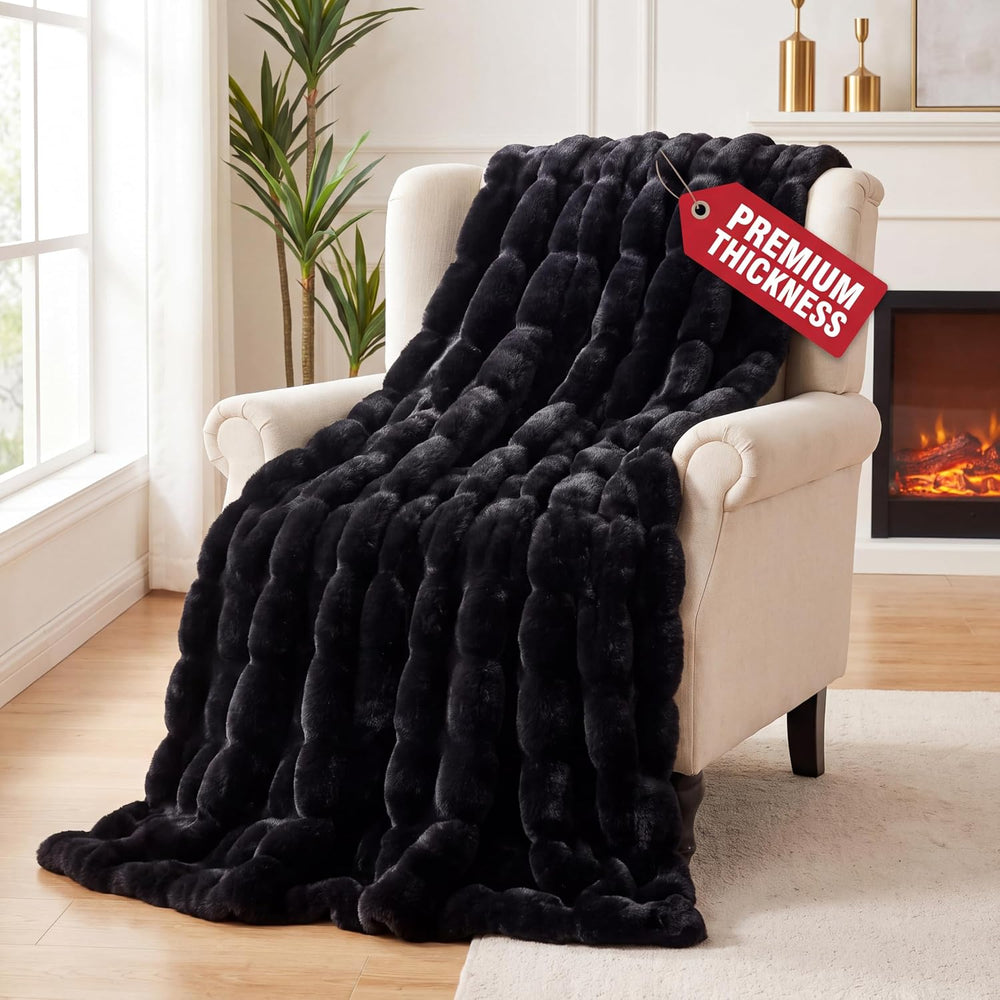 Soft Throw Blanket, 1000 GSM Faux Fur Bubble Blanket, Black 50x60