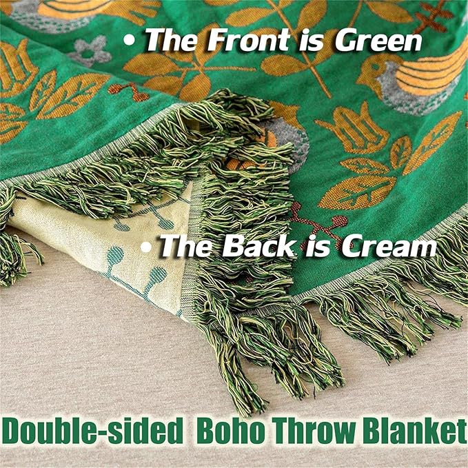 MSGKV Boho Throw Blanket 100% Cotton Green Blanket 90''x 98'' Spring Reversible - Image 8