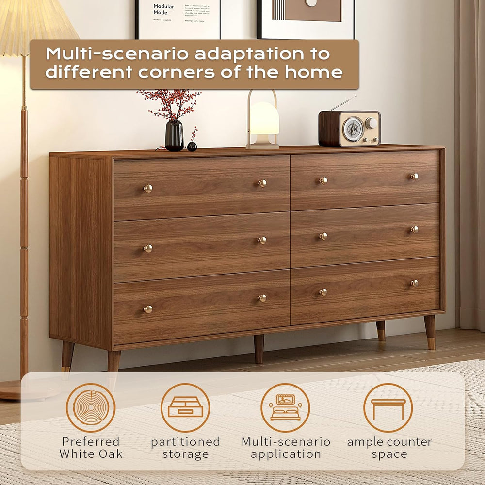 Mid Century Modern 6-Drawer Dresser, 55 Inch Solid Wood Frame Chest, Walnut