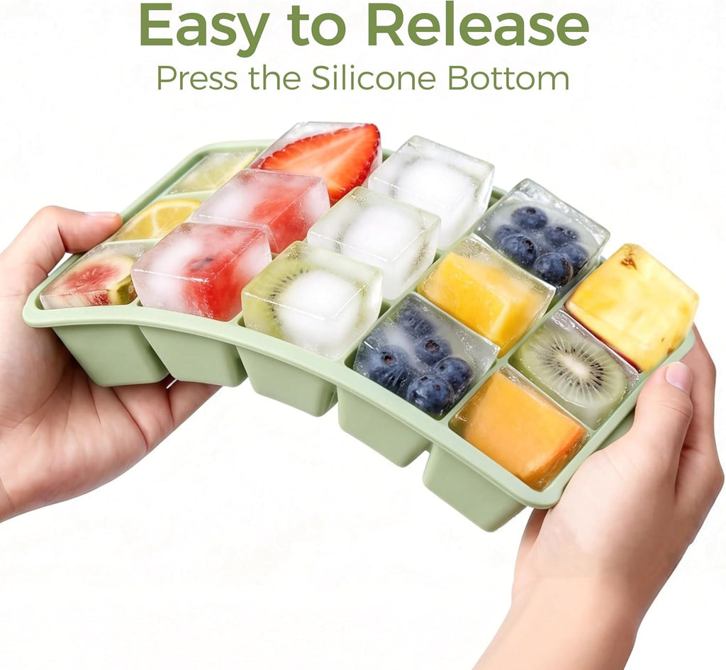Silicone Ice Cube Trays with Lids(2Pack,Blue+Green) | 15-Cavity Ice Tray Set for Freezer, Easy-Release BPA-free Ice Cube Mold for Whiskey, Coffee, Cocktails and More