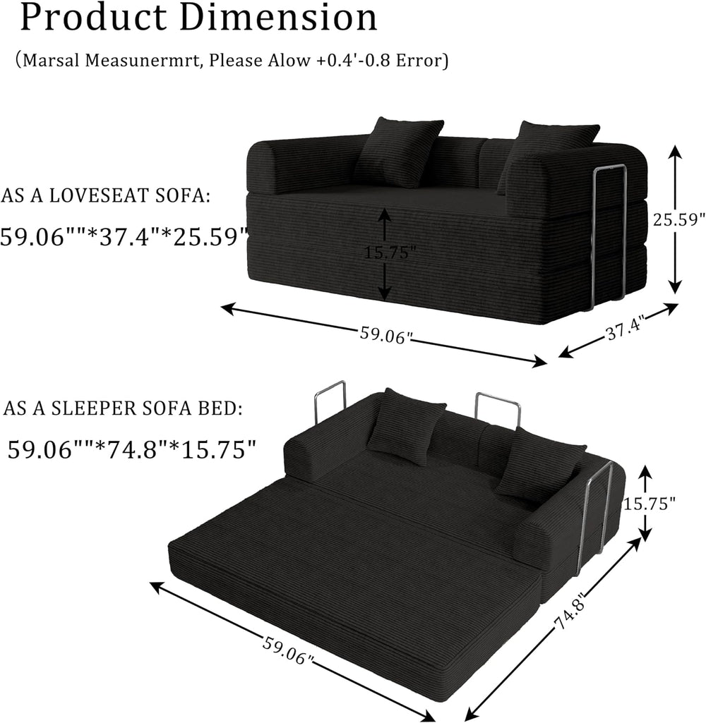 Futon Sofa Bed Modular Loveseat Sleeper Folding Pull Out Couch with Pillows, ...