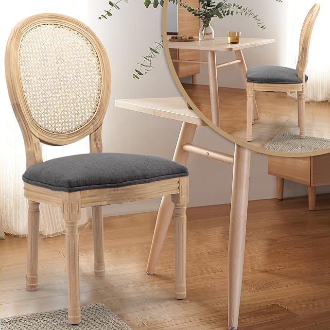 Rattan Back Upholstered Dining Chairs Set of 2 French Country Oval Kitchen Si...