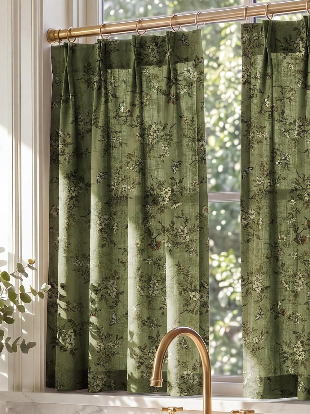 NICETOWN Pinch Pleated Floral Linen Curtains 36 inch Long, Forest Green