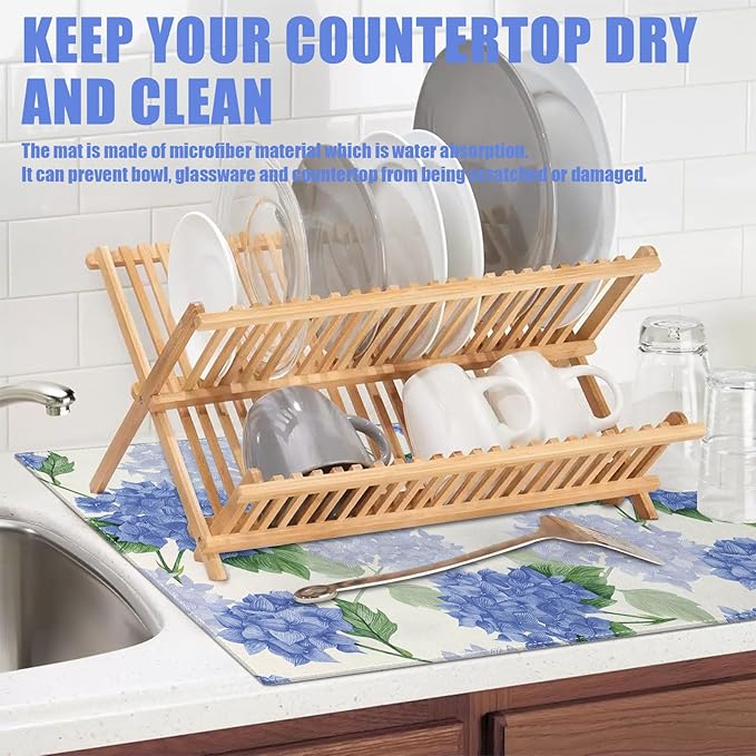 Blue Hydrangea Dish Drying Mat for Kitchen Counter Spring Floral Drying Pad - Image 5