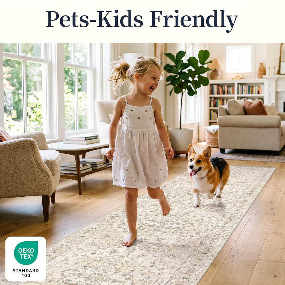2'6''x12 Washable Runner Rug: Vintage Floral Low Pile Hallway Rug...