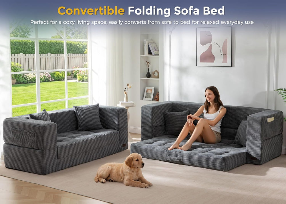 MAXYOYO 63" Folding Sofa Bed, Convertible Boneless Couch with Pillow