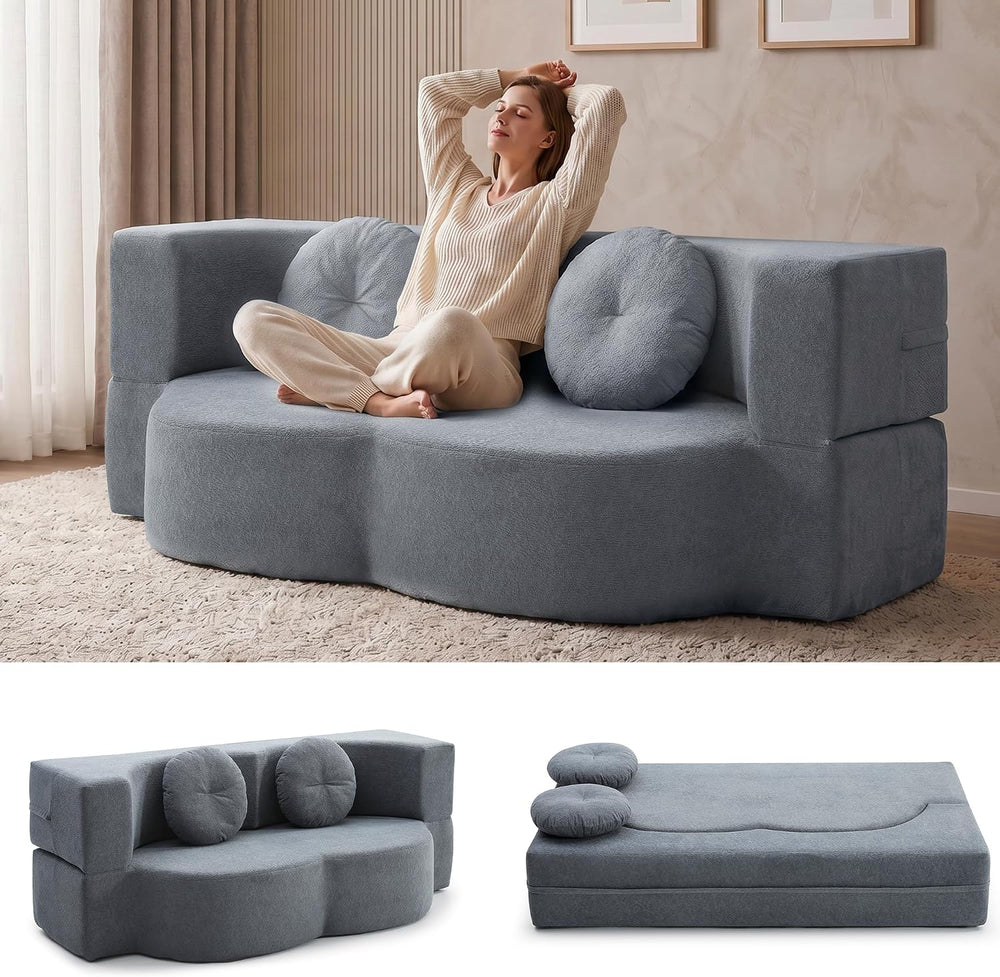 75.5" Boneless Couch Futon Sofa Bed, 2-in-1 Sleeper Sofa, Gray