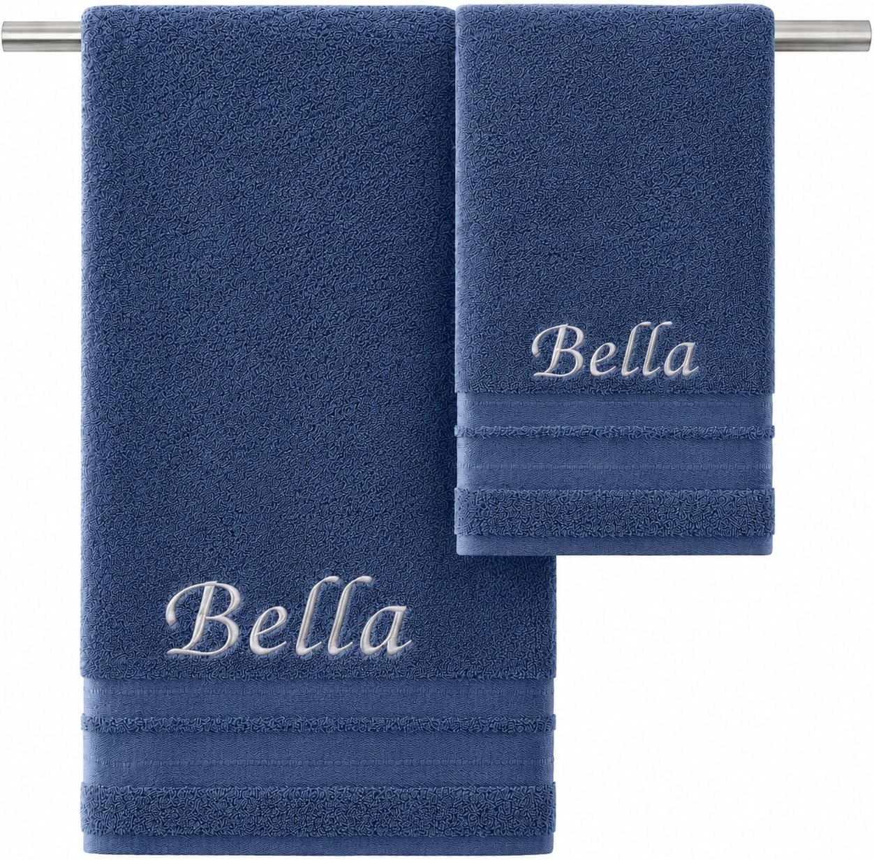 Liberty21 Luxury Embroidered Bath & Hand Towels, 100% Cotton. Custom Monogrammed Personalized Embroidered Towels. Set Includes : 1 Bath Towel and 1 Hand Towel. (Deep Blue)