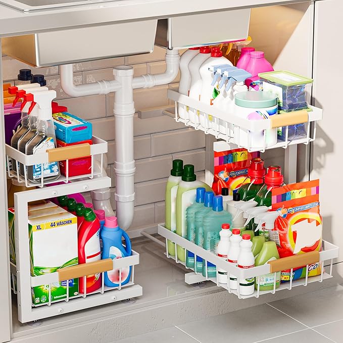 ADBIU 2 Pack Under Sink Organizers and Storage, Height Adjustable 2-Tier Pull by ADBIU