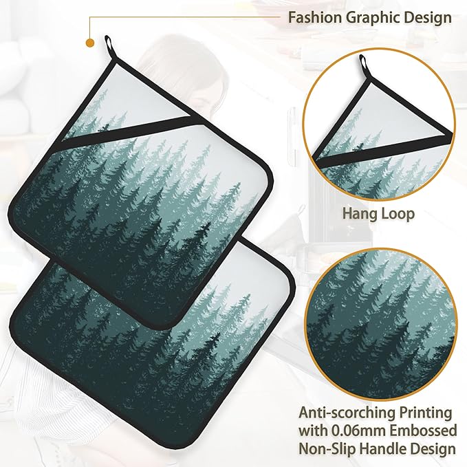 Misty Forest Landscape Pot Holder Set of 2, Heat Resistant Potholders Oven Hot - Image 4