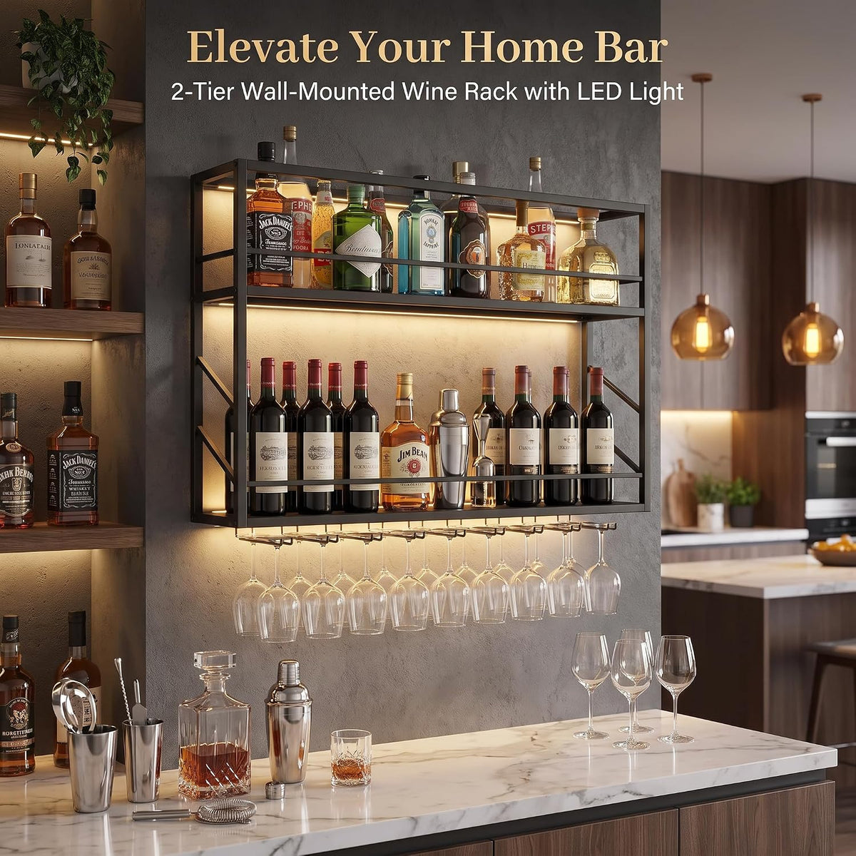 2-Tier Wall Mounted Wine Rack with LED, 31.5”W x 7.8”D x 26”H | Metal Bar Liquor Shelves and Glass Holder,Wall Bar Shelf Wine Display Storage Holder for Home Bar, Dining Room, Kitchen