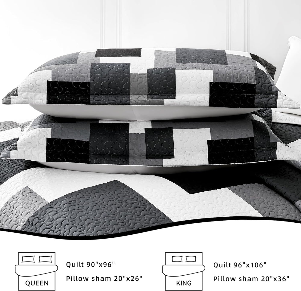 3 Piece Black Grey Quilt King Size Black White Gray Bedding Set