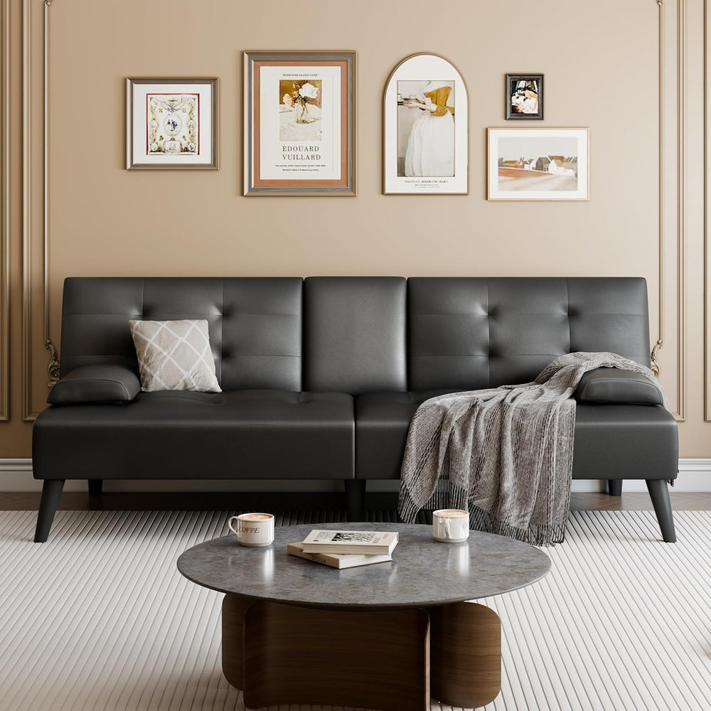 64" Futon Sofa Bed, Small Couch with 2 Cup Holders, Black