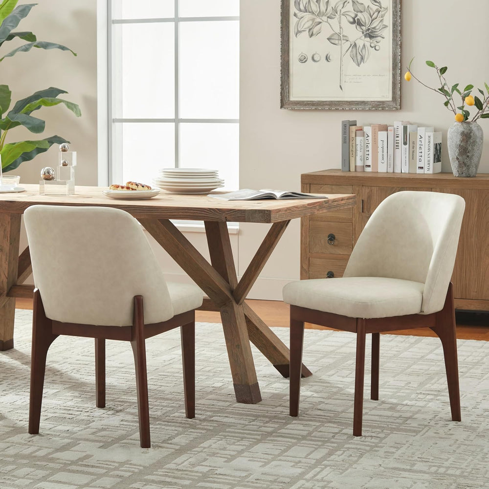 VKNOW Dining Chairs Set of 2, Faux Leather Wooden Kitchen Chairs, Beige