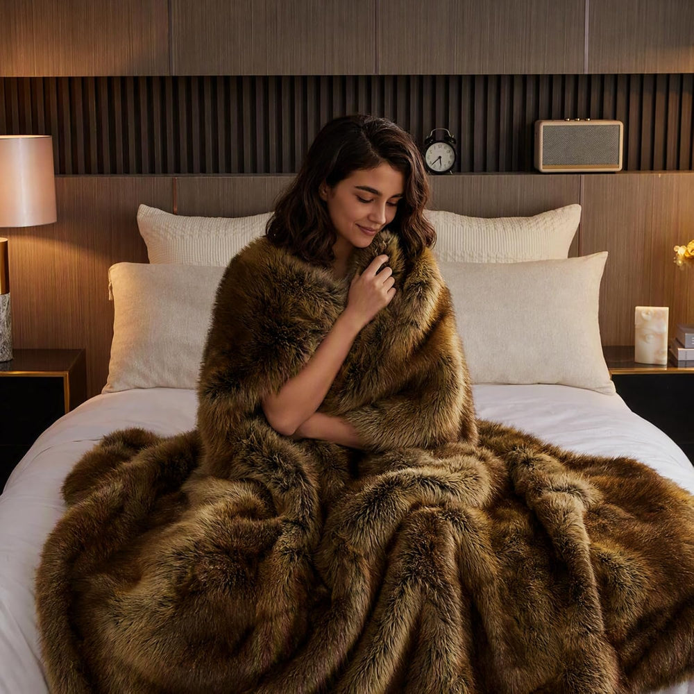 Fluffy Faux Fur Throw Blanket - Thick Warm Blanket 60"x80", Brown