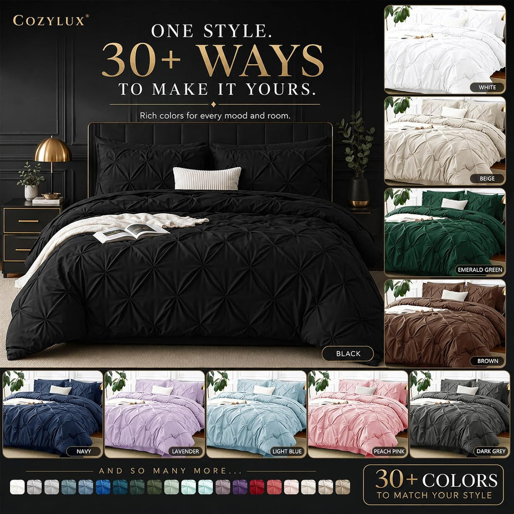 CozyLux Queen Comforter Set Black, 7 Pieces Pintuck Bed in a Bag