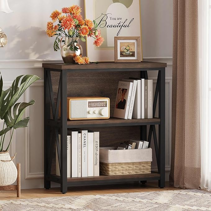 FATORRI Small Bookshelf, Rustic Book Shelf for Small Space, Low Short Bookcas...