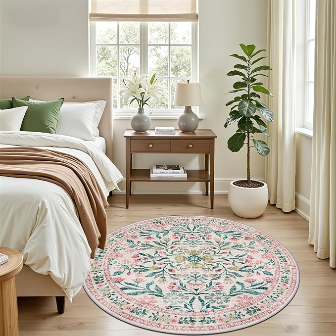 Round Area Rug for Living Room: 4 ft Floral Washable Circle Rug Soft Boho - Image 3