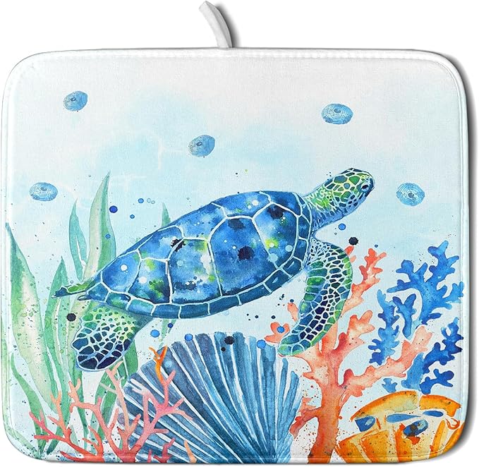 Giwawa Sea Turtle Dish Drying Mat 16x18in Watercolor Blue Tortoise Dish Drainer by Giwawa