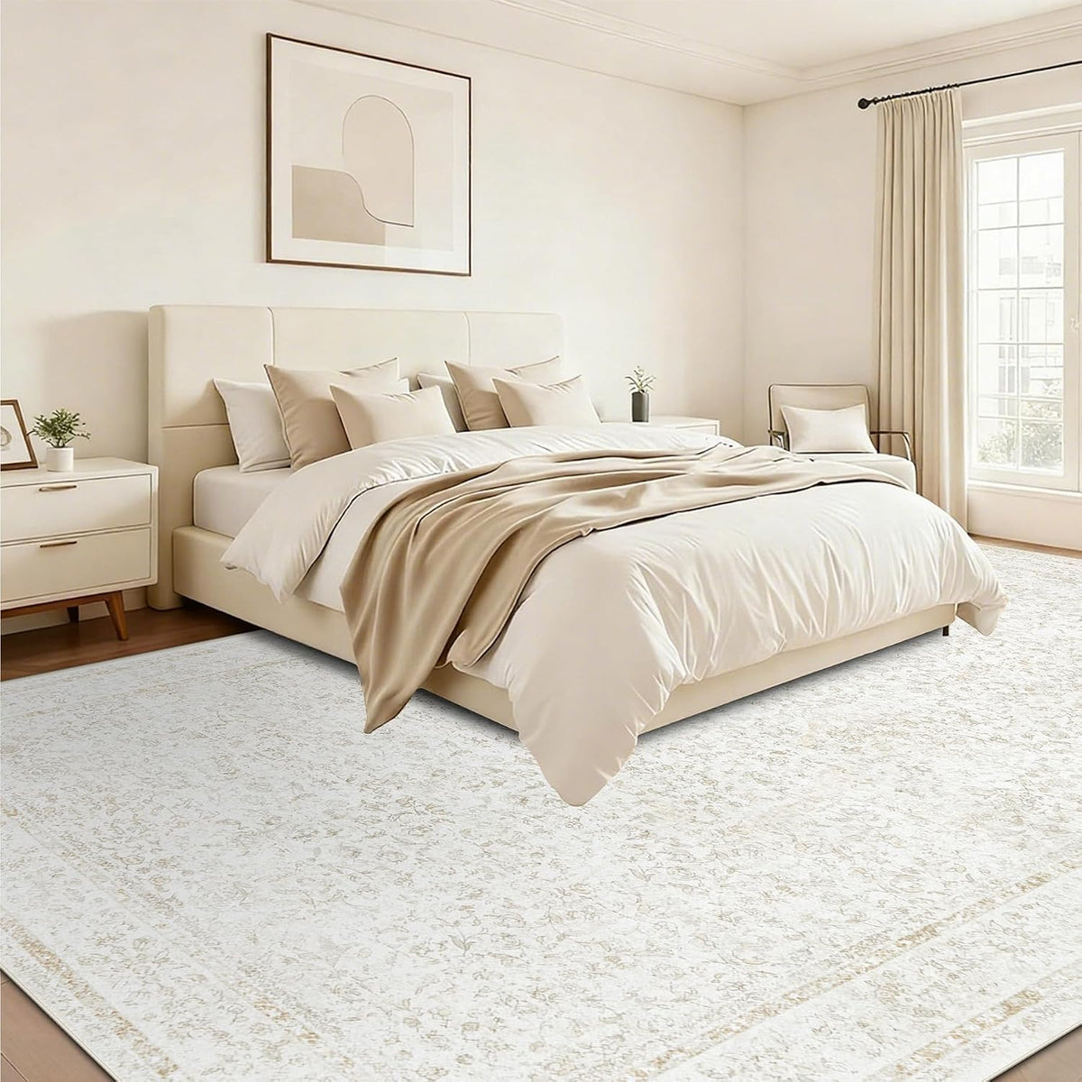 10x14 Area Rugs for Living Room: Washable Large Vintage Floral Rug Low Pile Non-Slip Boho Carpet for Bedroom Home Office Dining Room (FloralBeige, 10'x14')