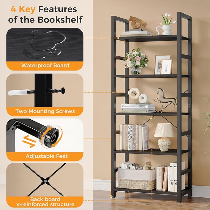 DUMOS 5-Tier Bookshelf, Modern Tall Bookcase, Open Storage Display Shelf