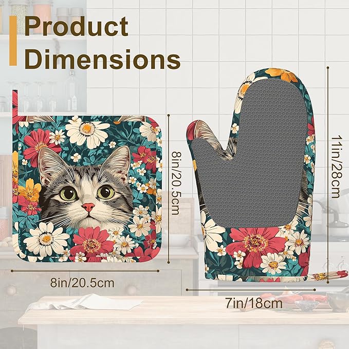 Cute Cat Oven Mitts and Pot Holders Set of 4, Blooming Colorful Flowers Kitchen - Image 2