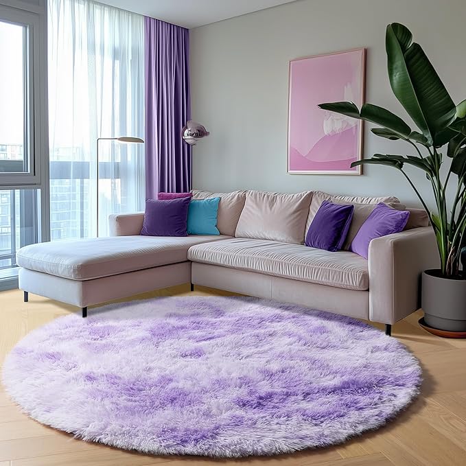 ONASAR Round Rugs 5ft for Bedroom Living Room, Tie-Dyed Purple Fluffy Circle - Image 3