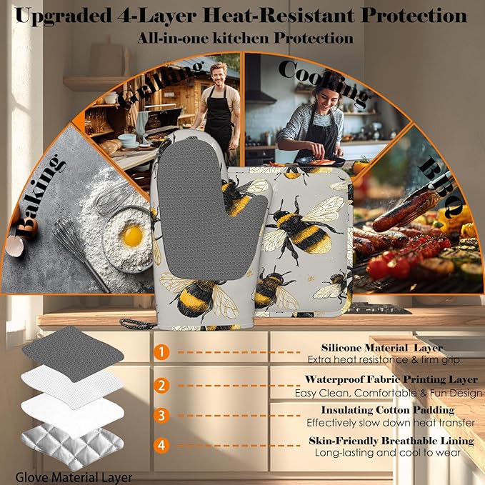 Happy Busy Bees Oven Mitts and Pot Holders Sets Non-Slip Silicone Surface - Image 4